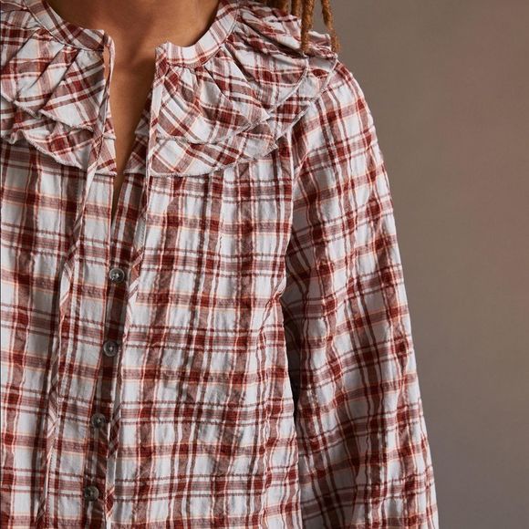 Anthropologie Maeve Ruffled Plaid Buttondown Red Mottif NWT M - Picture 4 of 12